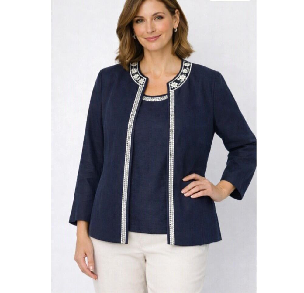 Coldwater Creek Women’s P16 Navy Jacket & Tank Set Linen Rayon NWT